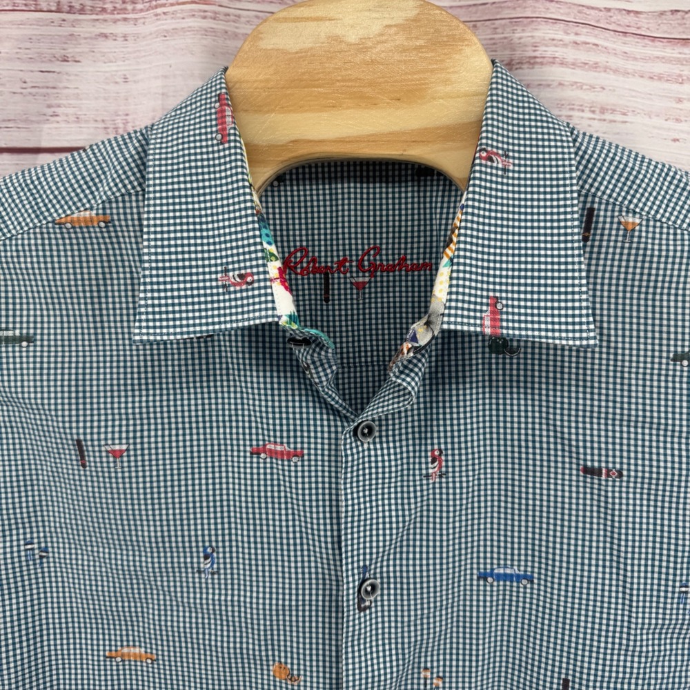 Robert Graham Shirt Mens 3XL Short Sleeve Gingham Cars Cigars‎ Cocktails